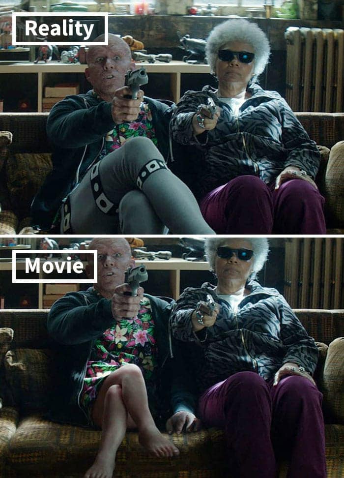 Ryan Reynolds wearing gray tracking leggings to achieve the hilarious baby legs effect in Deadpool 2. Tracking markers allow for precise digital alterations in movies before and after special effects.