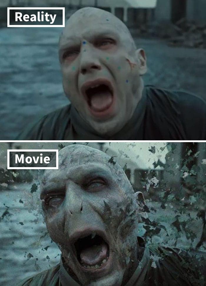 Ralph Fiennes as Voldemort shows tracking dots for digital nose removal in this movies before and after special effects comparison.