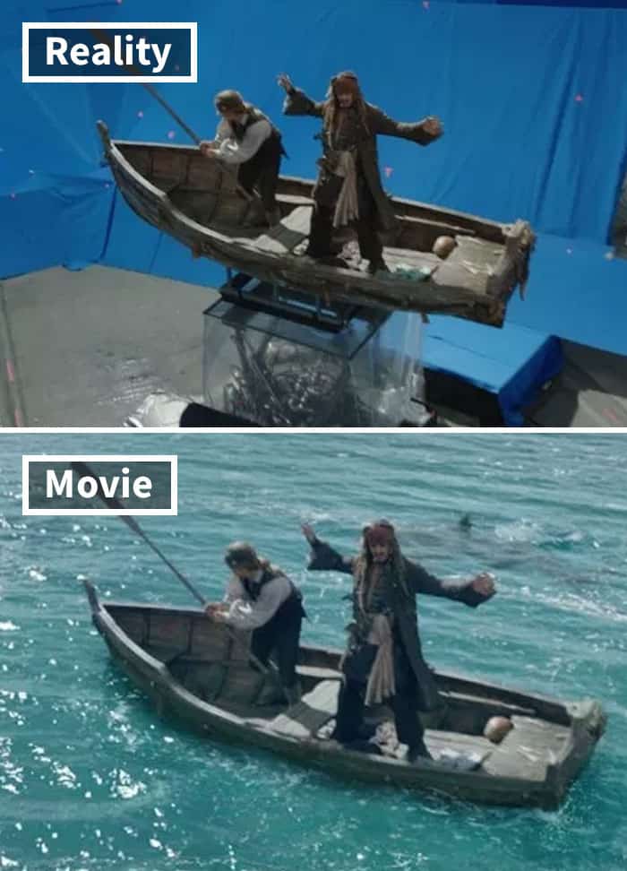 Johnny Depp on a Pirates of the Caribbean boat prop reveals the technical magic of movies before and after special effects.