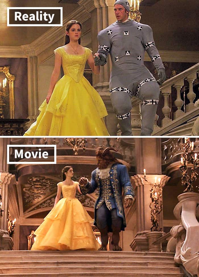 Emma Watson dancing with a mo-cap actor in a grey suit showcases the digital beast in movies before and after special effects.