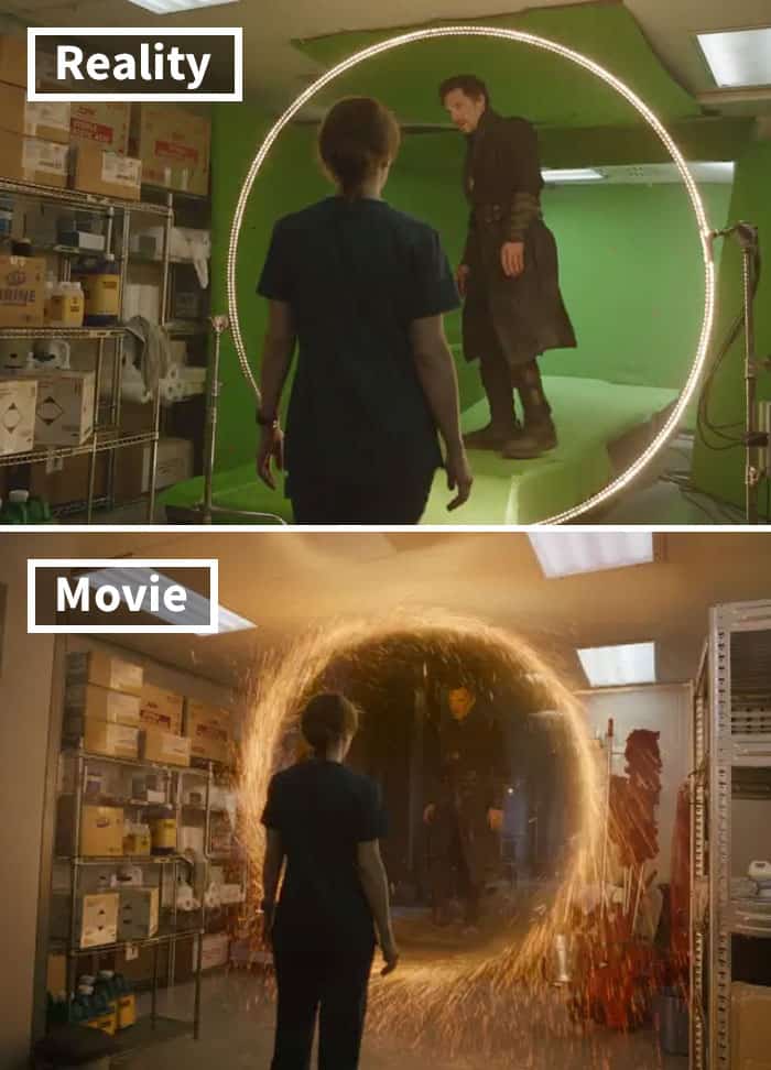 Doctor Strange stepping through a physical light ring rig illustrates practical cues in movies before and after special effects.