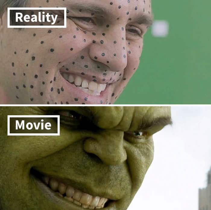 Mark Ruffalo with facial tracking markers demonstrates the creation of the Hulk in movies before and after special effects.