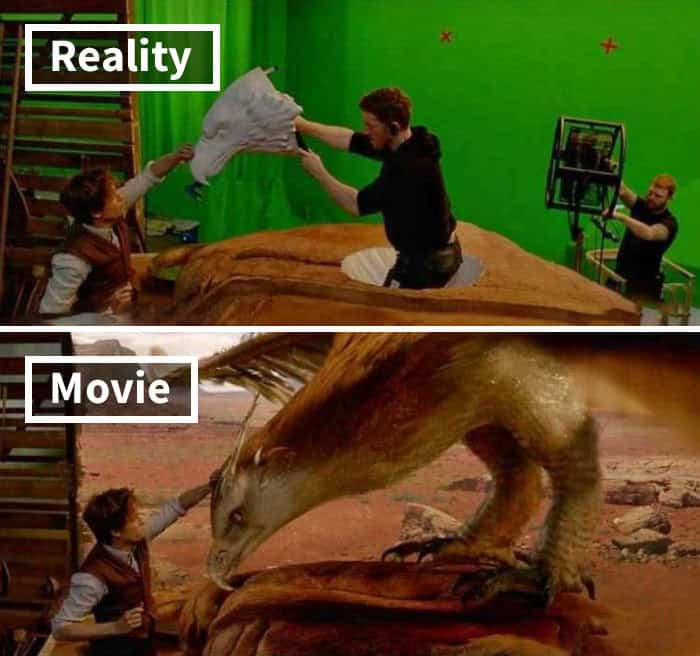 Newt Scamander interacting with a prop head on a stick reveals the creature work in movies before and after special effects.