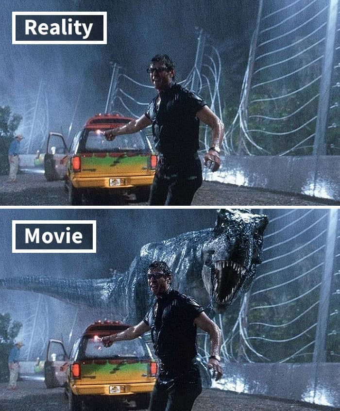 Jeff Goldblum fleeing a rainy set highlights the legendary Jurassic Park T-Rex in movies before and after special effects.