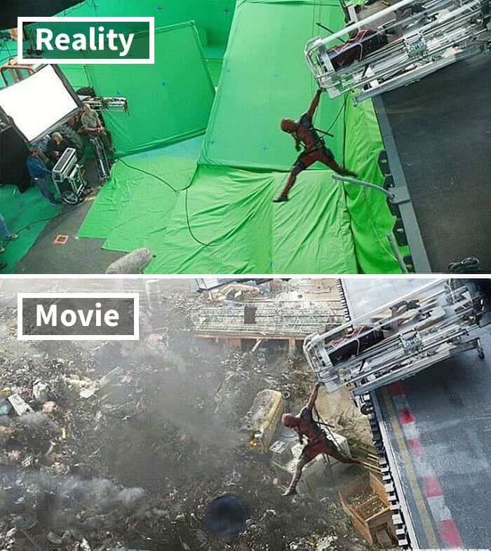 Ryan Reynolds hanging from wires over a green screen shows the integration of stunts in movies before and after special effects.