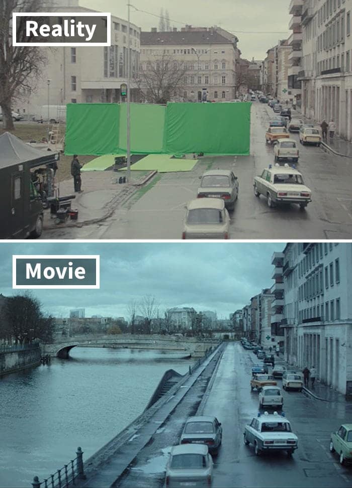 split screen showcasing a urban street with a massive green screen that is transformed into a scenic canal and bridge. It demonstrates how environments change in movies before and after special effects are applied.
