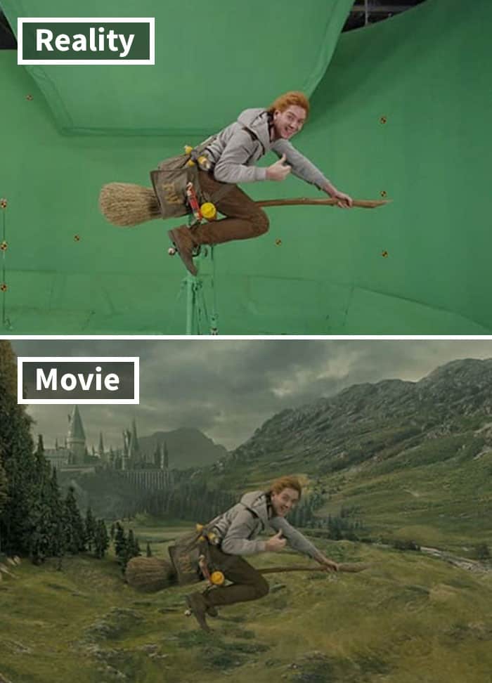 A Harry Potter broomstick prop on a gimbal demonstrates the creation of flying scenes in movies before and after special effects.