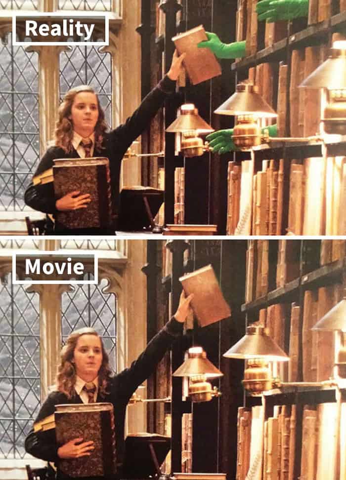 Hermione Granger in a library where green-gloved hands are replaced by magically floating books in the finished scene. This is a classic example of practical movies before and after special effects work.