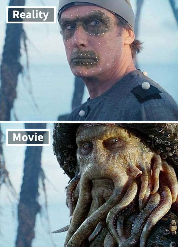 Bill Nighy wearing performance capture markers on his face alongside his final transformation into the tentacled Davy Jones. Performance capture is a key stage for movies before and after special effects.