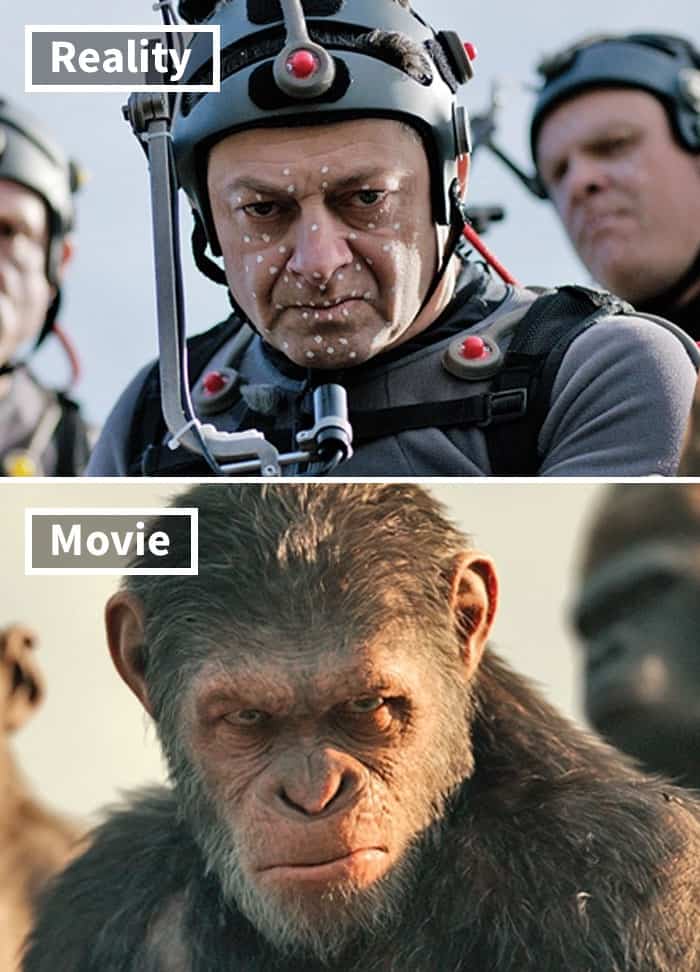 Andy Serkis in a motion capture helmet with tracking dots compared to his incredible final look as Caesar the chimpanzee. This illustrates the digital artistry found in movies before and after special effects.