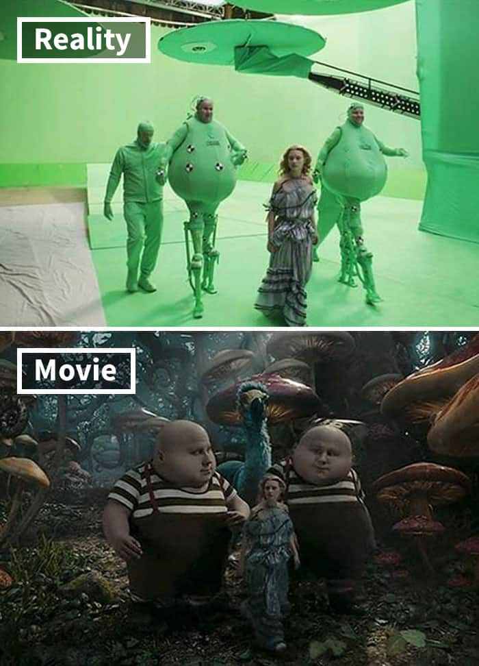 Actors in round green suits on stilts on an Alice in Wonderland set are digitally swapped for the bulbous Tweedledum and Tweedledee. It highlights the surreal nature of movies before and after special effects.