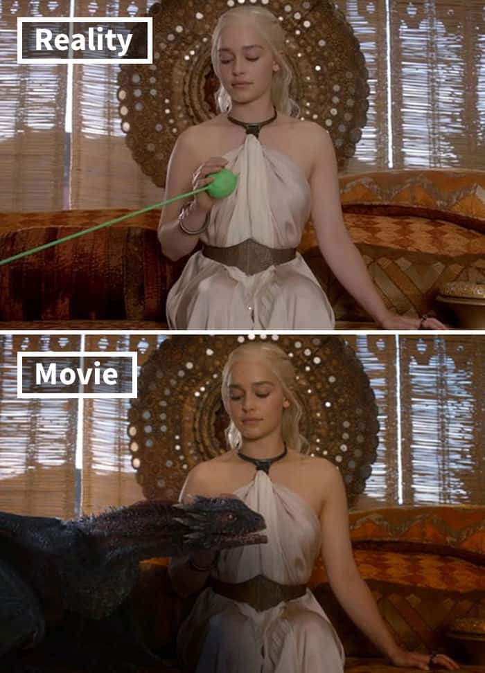 Daenerys Targaryen stroking a small green foam ball on a stick that eventually becomes a realistic fire-breathing dragon. This demonstrates the imaginative acting required for movies before and after special effects.