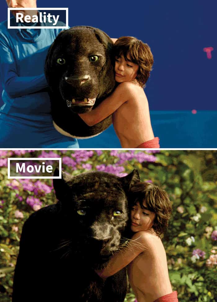 Mowgli hugging a large puppet head against a blue screen which is seamlessly replaced by Bagheera the black panther in a lush jungle. This reveals the layer of movies before and after special effects in modern cinema.