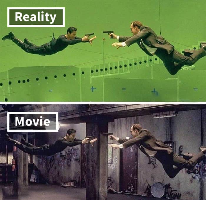 Keanu Reeves and Hugo Weaving suspended by wires in front of a green screen for their iconic subway fight scene. Wirework is essential for the gravity-defying action of movies before and after special effects.