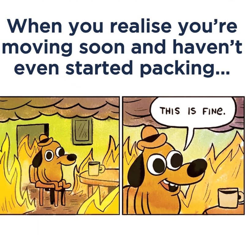 The "This is Fine" dog meme sitting in fire representing moving procrastination.