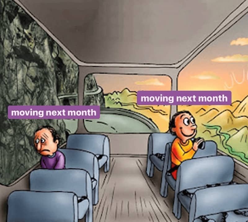 Two-panel cartoon of a sad man and happy man on a bus looking at moving.