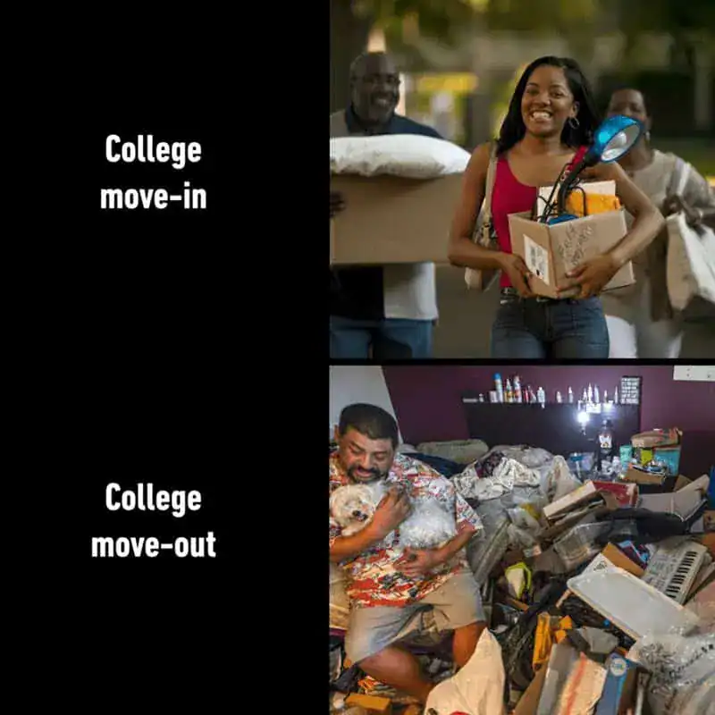 Comparison of a happy college move-in versus a messy, cluttered move-out.