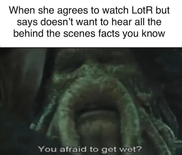 A cinematic nerd meme features a close-up of Davy Jones from Pirates of the Caribbean asking "You afraid to get wet?" below text about a partner agreeing to watch The Lord of the Rings but forbidding any behind-the-scenes production facts.