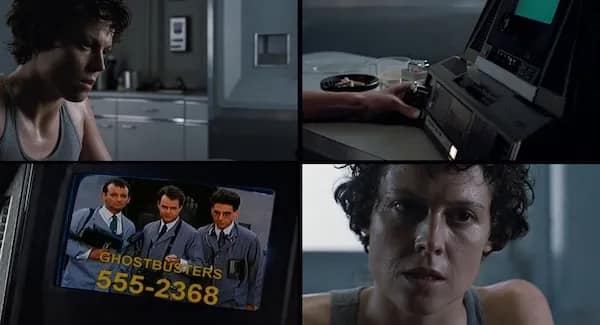 A multi-panel sci-fi nerd meme edits scenes from Alien where Ellen Ripley rewinds a cassette deck monitoring screen to find an embedded commercial advertisement for the original 1984 Ghostbusters crew.