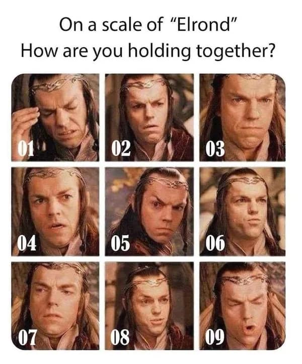 A high-fantasy nerd meme displays a 3x3 mood grid featuring nine numbered frames of Elrond from The Lord of the Rings making highly stressed, pained, and deeply exhausted expressions under the title "On a scale of 'Elrond' How are you holding together?"