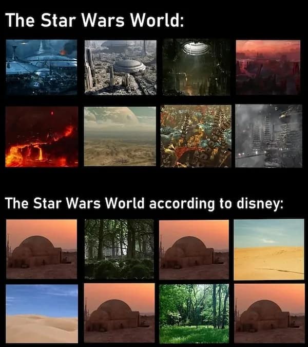 A comparative franchise layout contrasts a diverse matrix of complex architectural alien worlds across the original "Star Wars World" against an incredibly repetitive matrix consisting entirely of basic desert sand dunes and forest trees under the label "The Star Wars World according to disney."
