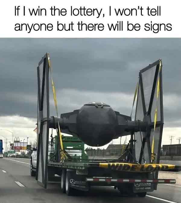 A nerd meme featuring a photo of someone's home made giant TIE fighter.