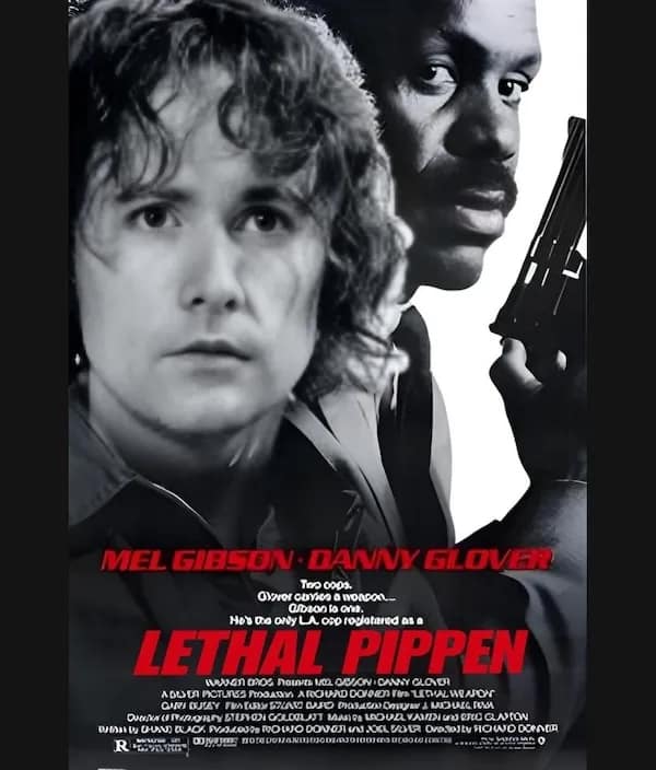sharp parody movie poster titled "LETHAL PIPPEN" blends The Lord of the Rings with 80s action cinema, photoshopping the face of Pippin the Hobbit over Mel Gibson's character alongside Danny Glover holding a revolver.