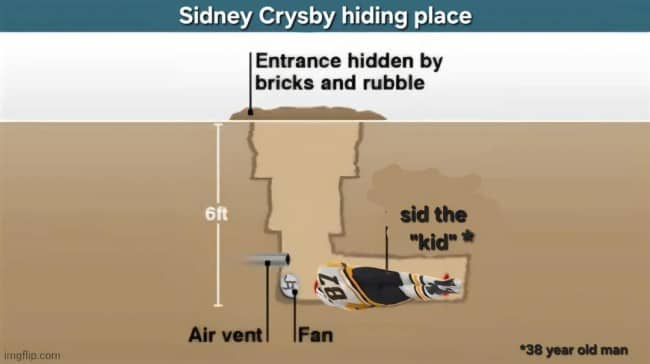Saddam Hussein hiding place meme template edited to show NHL player Sidney Crosby underground.