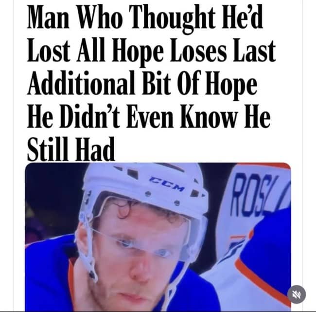 Onion headline image showing NHL player Connor McDavid looking completely devastated with a sad expression.