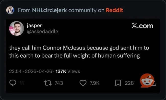 Tweet screenshot from X calling Connor McDavid Connor McJesus to bear the weight of human suffering.