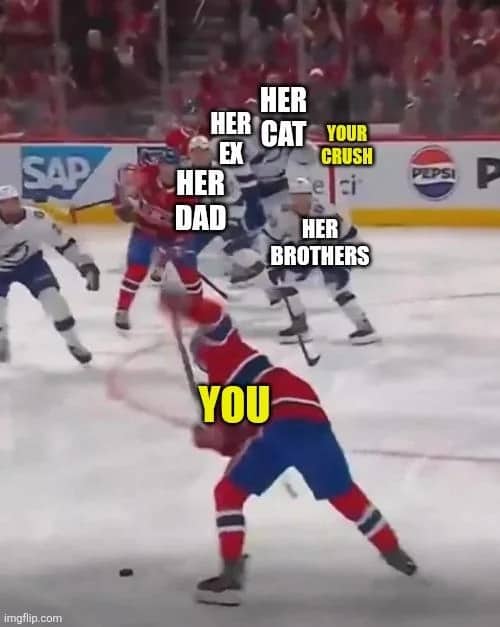 Relationship meme over an NHL hockey game picture showing a player winding up a slap shot.