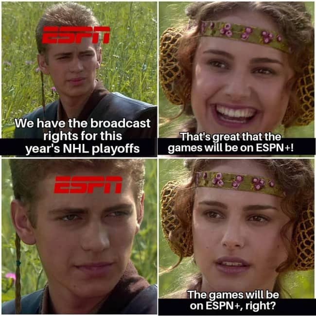 Star Wars Anakin and Padme meme template mocking ESPN broadcast rights for the NHL playoffs.