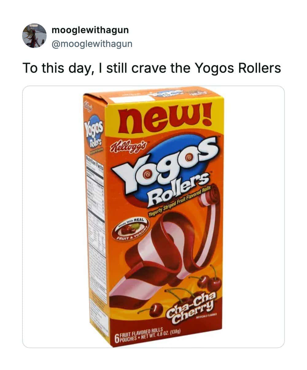 A box of Kellogg’s Yogos Rollers in Cha-Cha Cherry flavor forms a prime example of nostalgic snacks on X, showcasing a user's lingering craving for the yogurty-striped fruit flavored rolls.