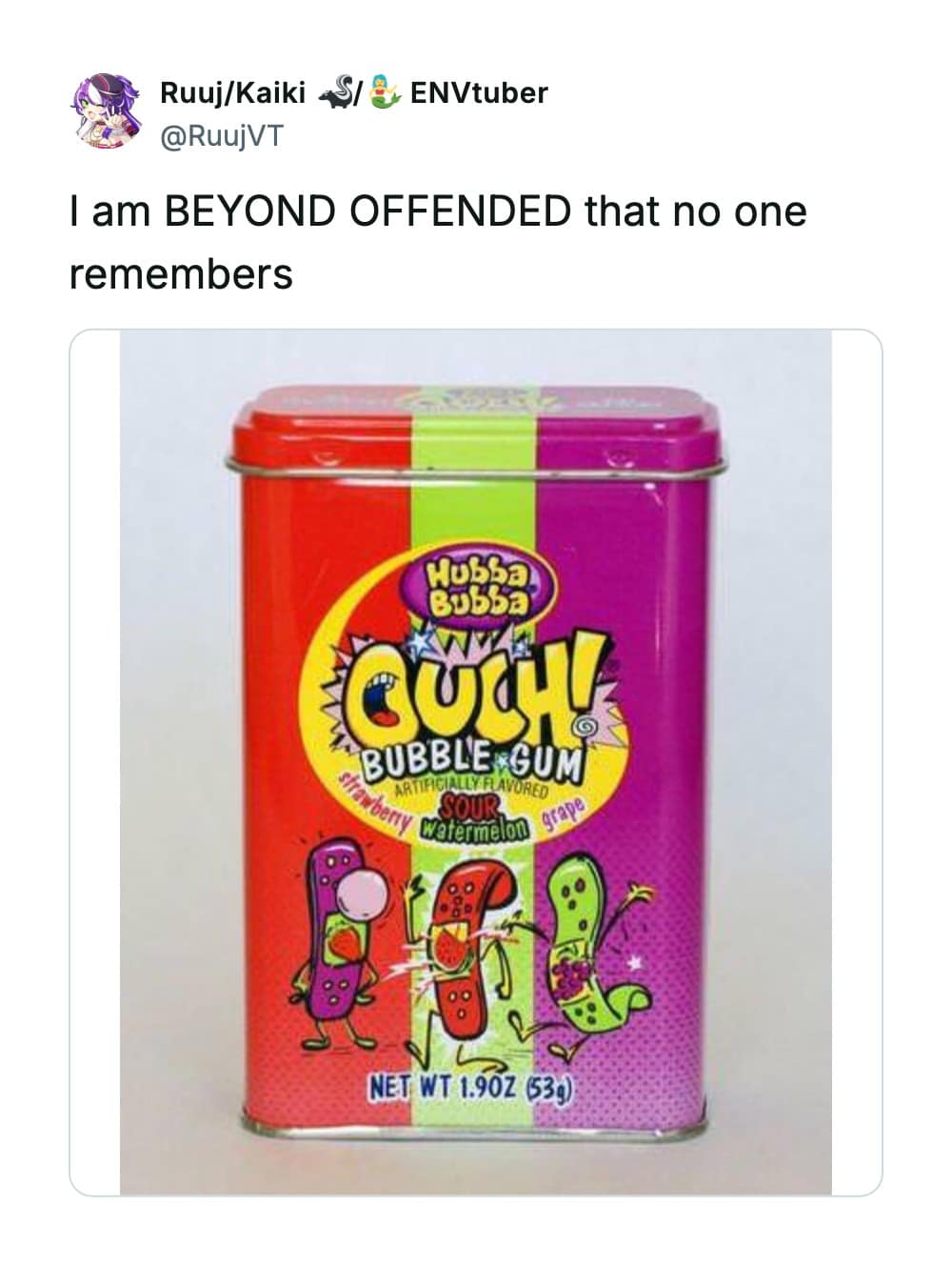 A classic tin of Hubba Bubba Ouch! Bubble Gum stands out as one of the ultimate discontinued snacks, shared by a user who is deeply offended that the band-aid-themed candy has been forgotten by the public.