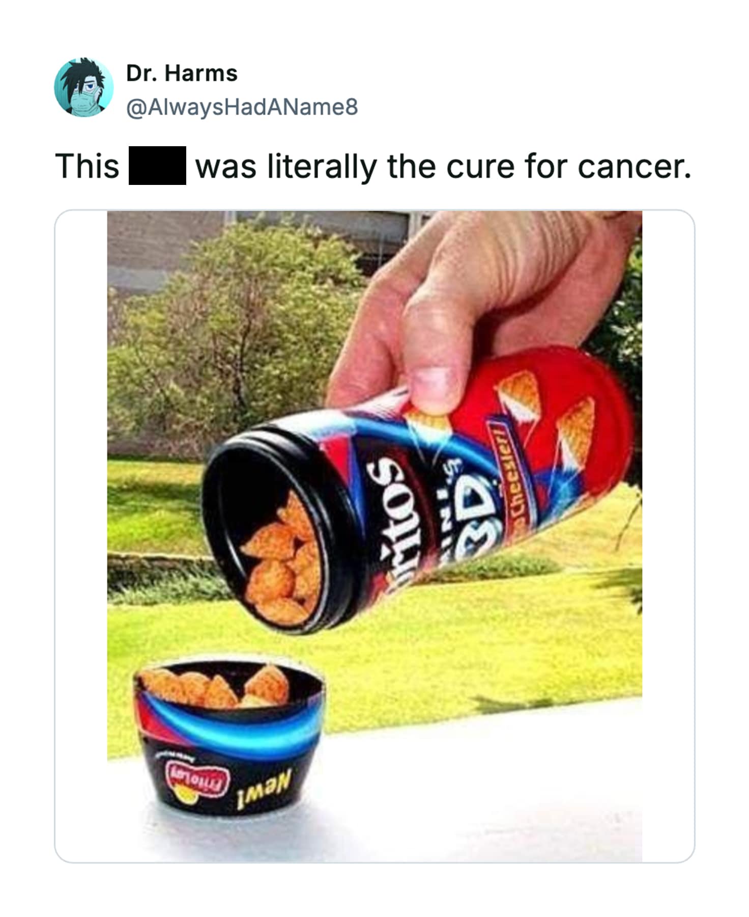A nostalgic image of someone pouring a canister of Doritos 3D Mini's into the black plastic cap operates as a legendary nostalgic snacks memory, celebrated by a user as a pinnacle of snack design.
