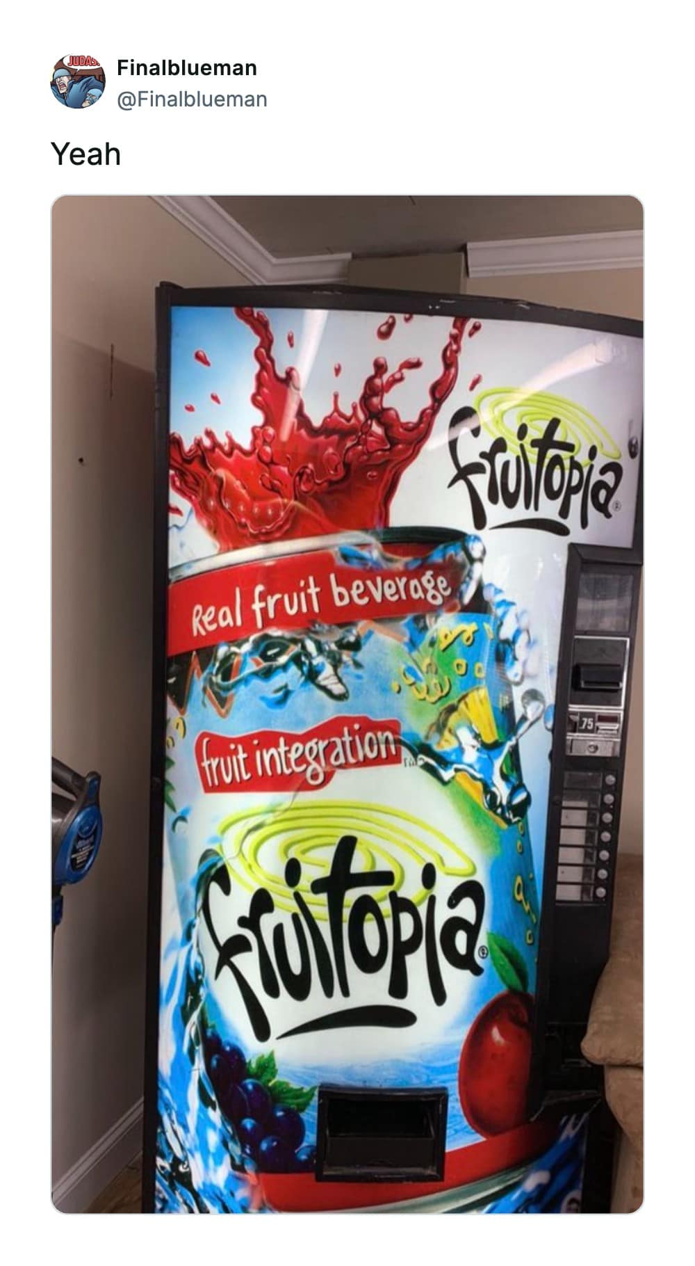 A retro vending machine completely wrapped in loud 90s Fruitopia graphics is archived as a classic beverage entry among discontinued snacks that defined an era.