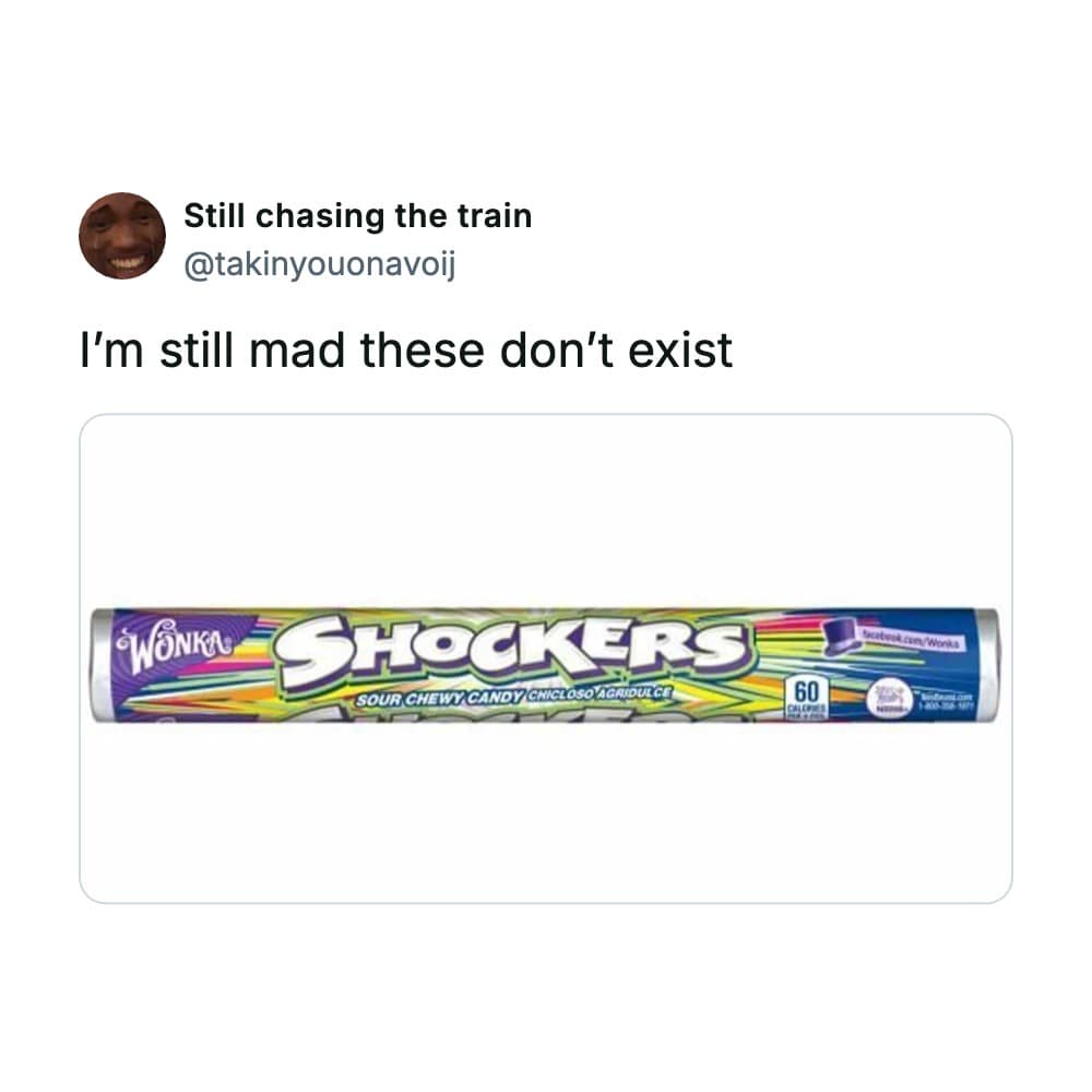A stick of Wonka Shockers sour chewy candy is showcased on X, acting as a bitter reminder of favorite discontinued snacks that left a generation longing for their sour kick.