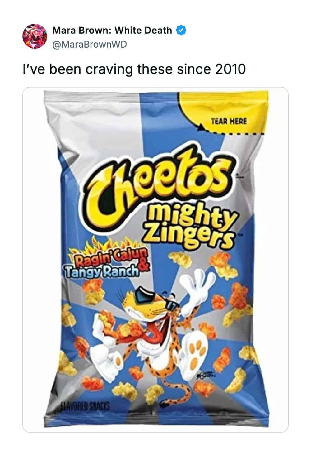 A blue and silver bag of Cheetos Mighty Zingers in Ragin' Cajun & Tangy Ranch flavor captures the intense demand for forgotten nostalgic snacks from the early 2010s.