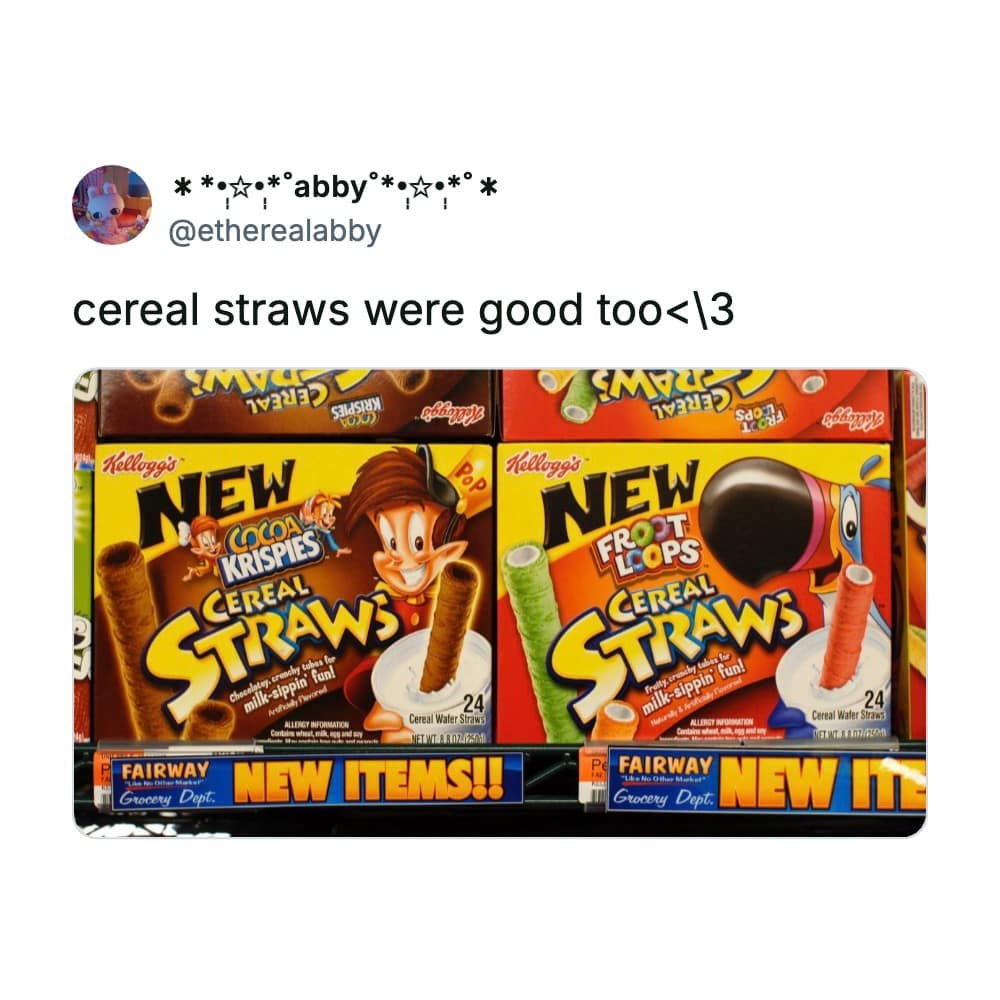 A grocery store shelf screenshot operating as a viral nostalgic snacks post highlights a tweet by @etherealabby showing boxes of Kellogg’s Cereal Straws in Cocoa Krispies and Froot Loops flavors labeled as new items.