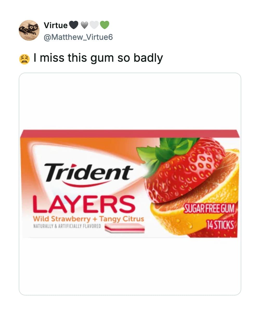 A pack of Trident Layers Wild Strawberry and Tangy Citrus sugar-free gum highlights a social media post celebrating the best discontinued snacks from the mid-2000s checkout aisle.