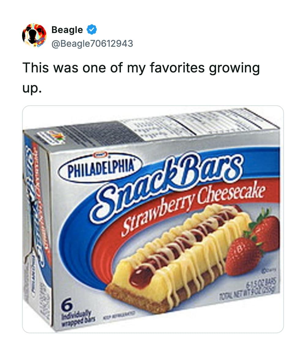 dairy-aisle throwback frame functions as a legendary nostalgic snacks memory, capturing a tweet by user @Beagle70612943 featuring a box of classic Philadelphia Strawberry Cheesecake Snack Bars.