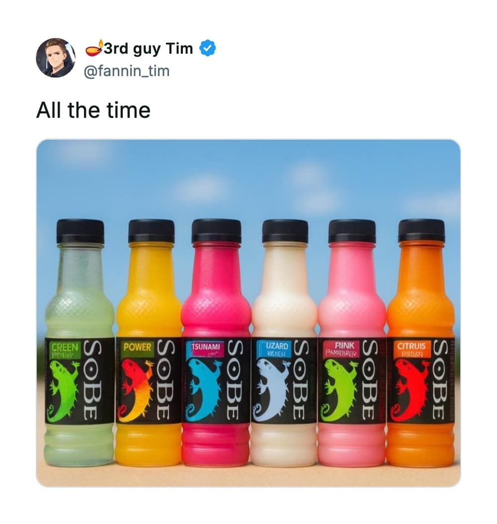 A colorful line of glass bottles serves as a vibrant entry for discontinued snacks, showing an X post by @fannin_tim highlighting six different varieties of SoBe lizard-logo drinks including Green Tea, Tsunami, and Lizard Lightning.