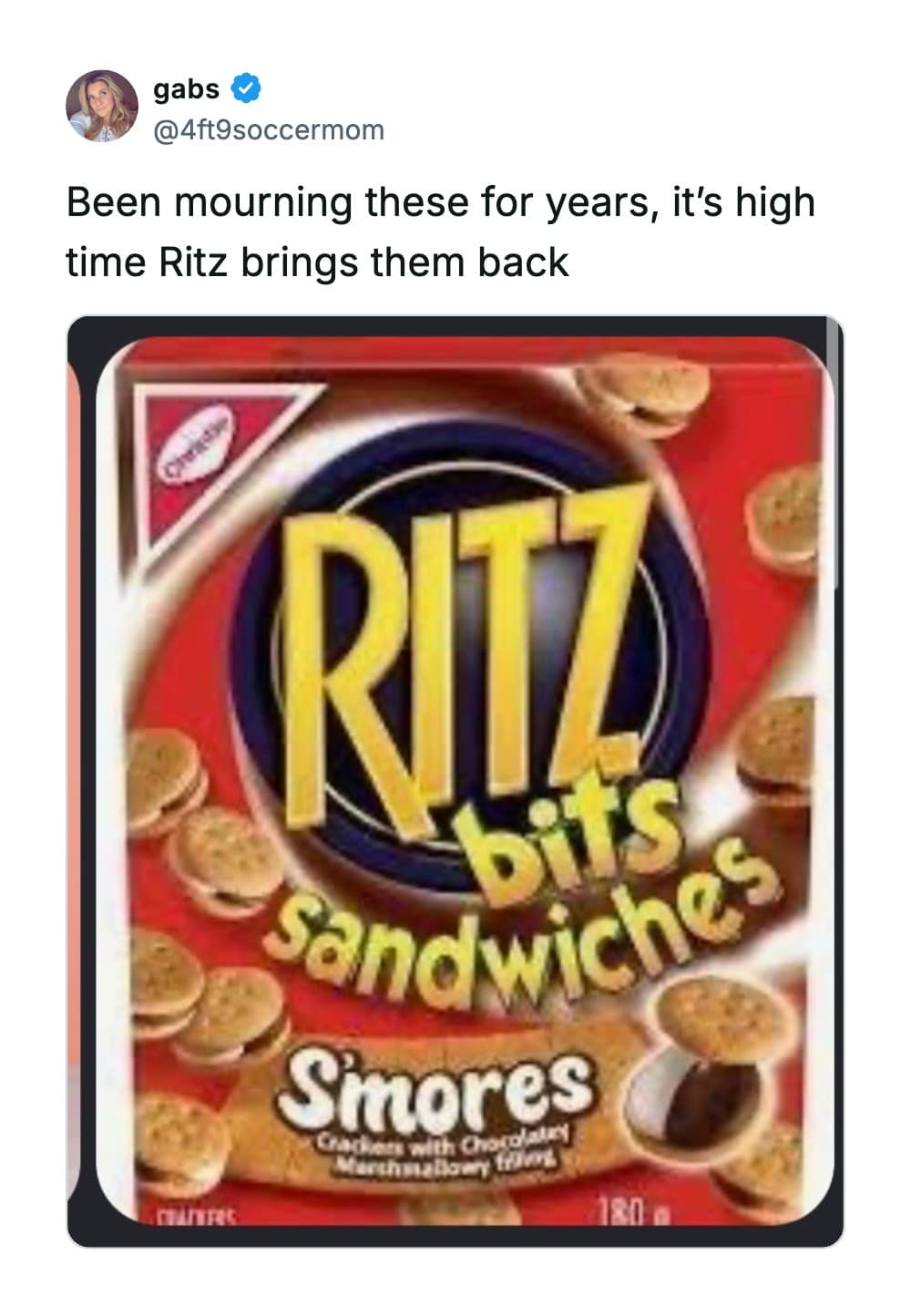 A box of Ritz Bits Sandwiches S'mores flavor operates as a popular nostalgic snacks update, capturing a tweet by @4ft9soccermom demanding that the brand resurrect the bite-sized marshmallow and chocolate treats.