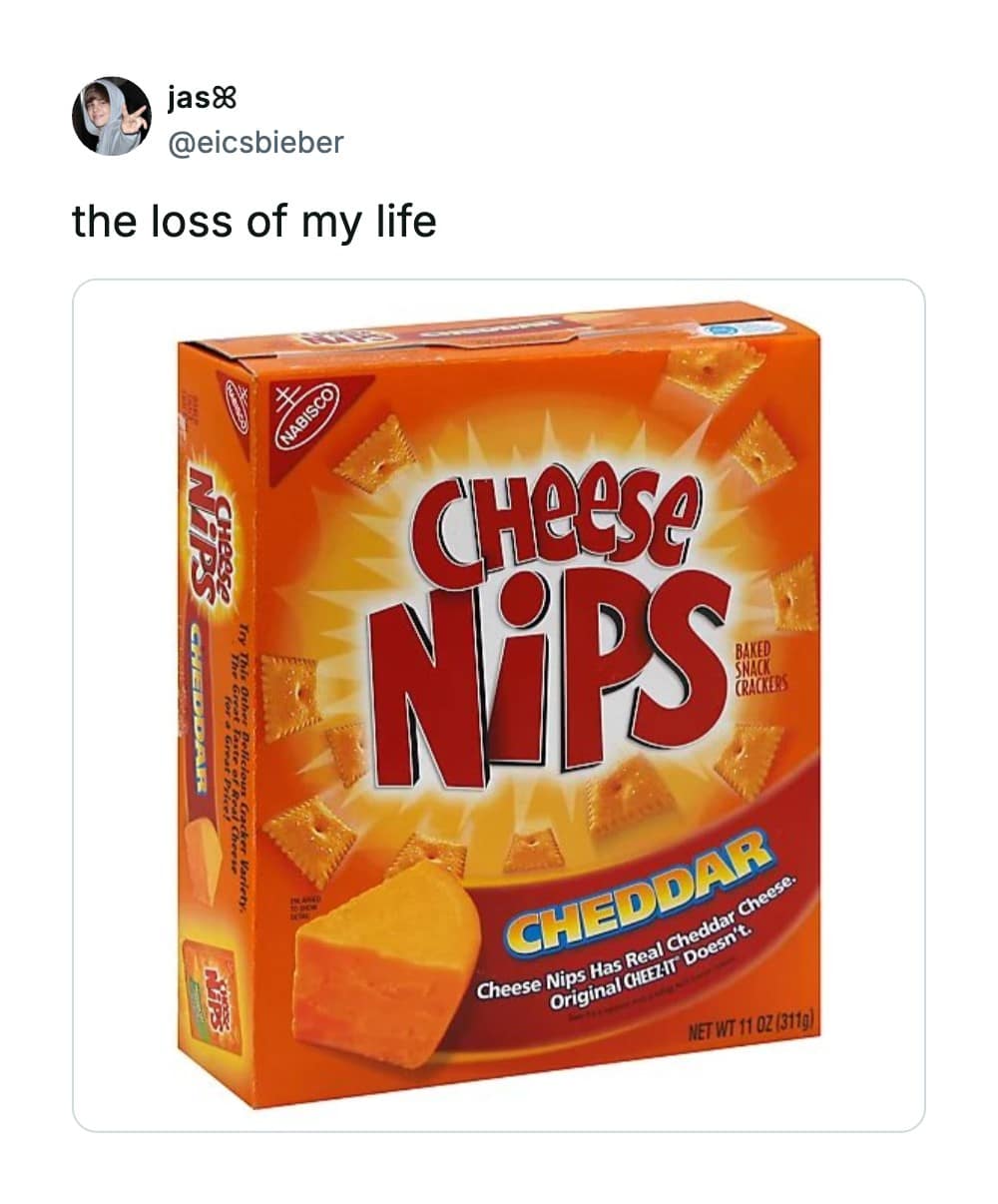 A classic orange product box acts as a tragic discontinued snacks marker, highlighting a post by user jas featuring a box of Nabisco Cheddar Cheese Nips labeled as the true loss of her life.