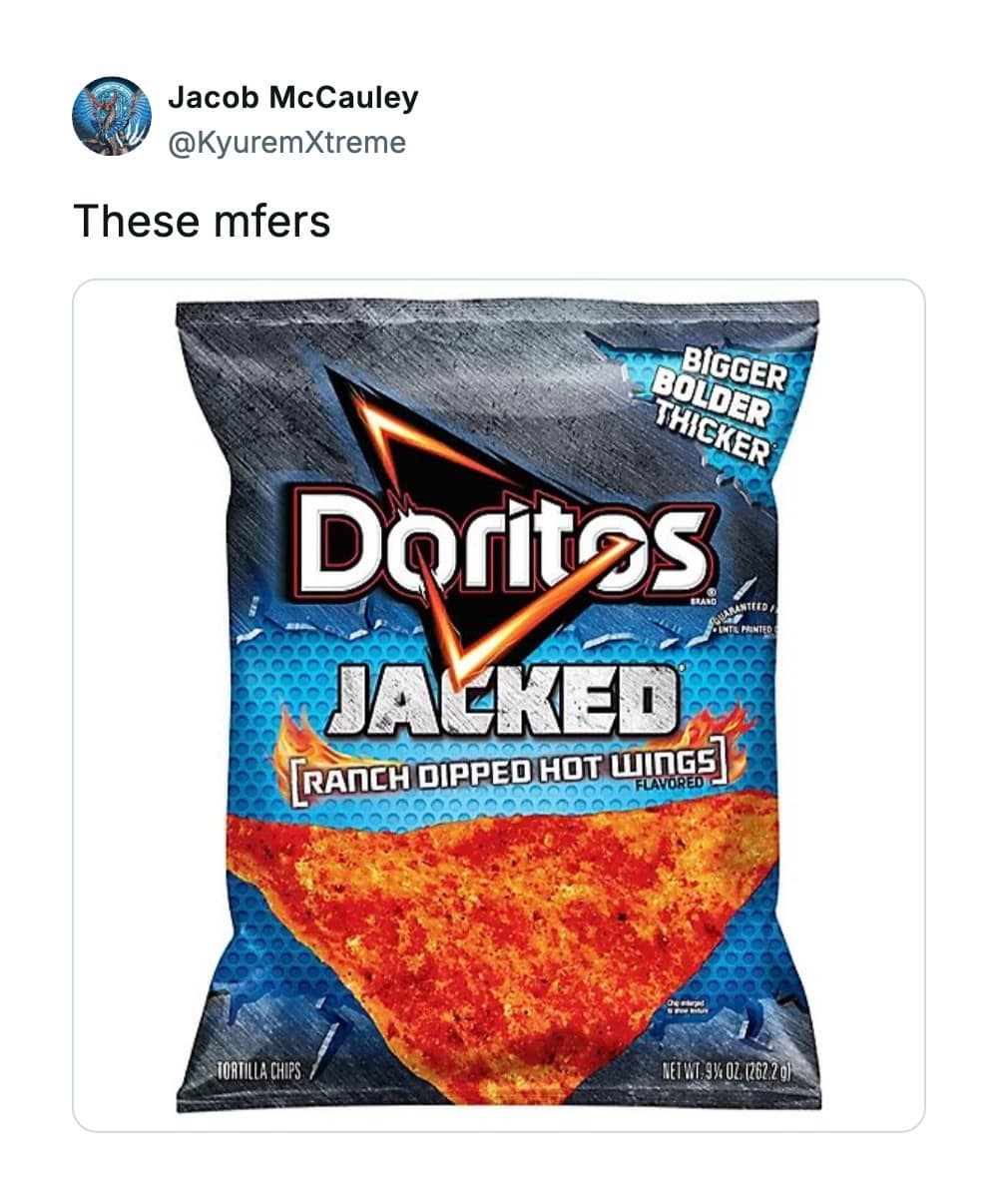 A snack bag graphic functions as a bold nostalgic snacks memory, featuring a tweet by Jacob McCauley displaying a bag of heavy, extra-thick Doritos Jacked chips in Ranch Dipped Hot Wings flavor.