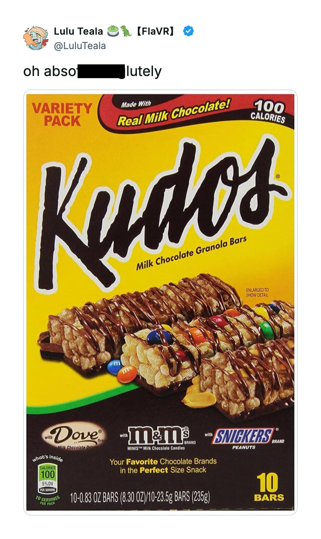 A box of Kudos Milk Chocolate Granola Bars variety pack operates as an iconic inclusion for nostalgic snacks, shared on X by user @LuluTeala to show the candy-brand mashup utilizing Dove, M&M's, and Snickers.