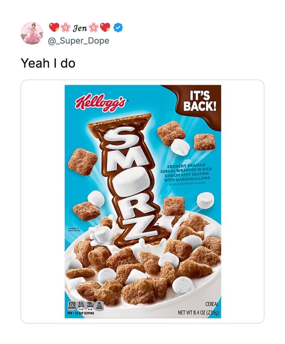 A bright blue cereal box serves as a celebratory nostalgic snacks update, highlighting a tweet by Jen showing a box of Kellogg’s Smorz crunchy graham cereal stamped with an "IT'S BACK!" logo.