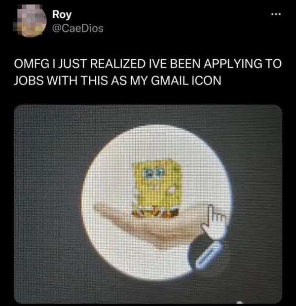 Roy's tweet realization about using a Spongebob meme as a professional Gmail icon for jobs.