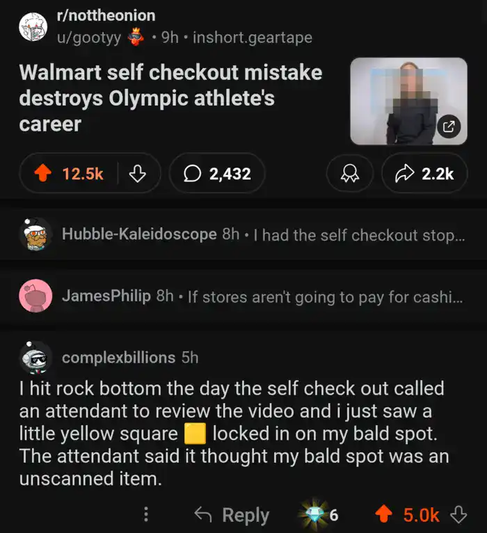 Reddit comment describing a Walmart self-checkout camera mistaking a man's bald spot for unscanned items.