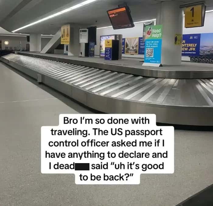 Airport baggage carousel background with text about an awkward response to a passport control officer